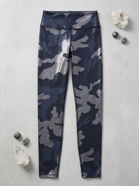 Noli Guerra Yoga Metallic Foil Camo High Waisted Leggings Navy Silver Sz S Cozy